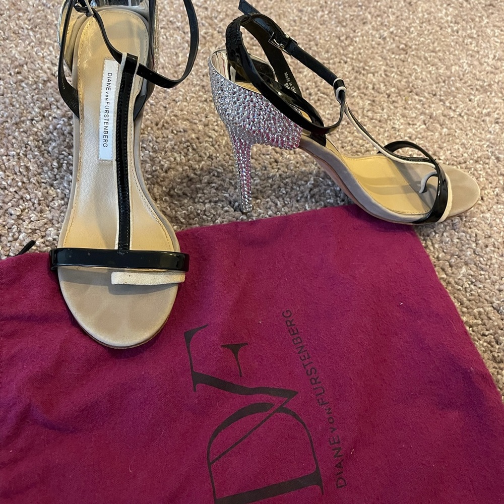 Crystal Diane Von Furstenberg open-toed heels with black straps and tan base